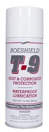 Boeshield T-9 rust protection spray applied to metal surface for waterproof lubrication.