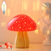 BOHON mushroom lamp red ceramic base glows warmly on a bedside table for cozy evenings
