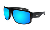 BOMBER safety sunglasses with matte black frame and ice blue lenses for enhanced visibility.