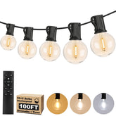 Bosceos 100ft LED outdoor string lights with remote for versatile patio ambiance.