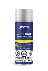 Bostik GlideCote spray-on dry lubricant demonstrates quick-dry, non-staining protection for woodshop surfaces.