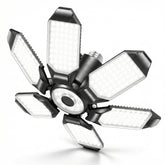 Brainiac LED garage light with six adjustable panels for flexible coverage.