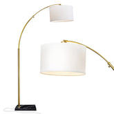 Brightech Logan Arc lamp with gold-brass base enhances living room ambiance