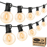 Brightever 100ft outdoor G40 LED globe string lights illuminate wide patio spaces.