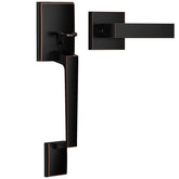 Brightify front door handle in oil rubbed bronze with modern lever for secure entry.