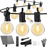 Brightown 158ft solar string lights illuminate outdoor patio with inviting ambiance.