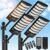 BrightWe 4-pack solar street lights mounted on a pole for outdoor illumination.