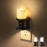 Briignite flameless candle night light in a two-pack plugged into an outlet for hallway ambiance.