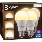 Briignite 3‑Way LED bulb showing 50/100/150W equivalent brightness in a living room.