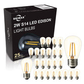 BRIMAX 25-pack S14 LED bulbs for outdoor string lights with E26 base, energy efficient.