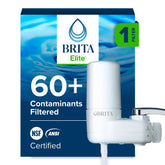 Brita Elite Advanced faucet filter visually attached to a white kitchen faucet, improving water taste