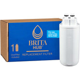 Brita Hub replacement filter packaging demonstrates quick setup and cleaner-tasting water.