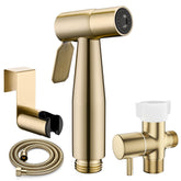 BRITULIF gold handheld bidet sprayer on toilet tank enables quick rinsing.