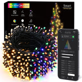 BrizLabs smart Christmas lights on tree, 180ft length for outdoor displays.