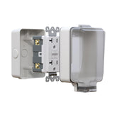 BSEED 20-amp GFCI outdoor outlet box, front view, rugged weatherproof enclosure.