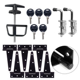 BTEOBFY shed door hardware kit front view highlighting sturdy hinges and lock for outdoor security.