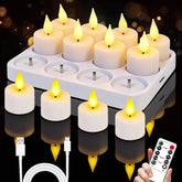 Buaszay 12-pack rechargeable tea lights on charging station for long-lasting ambiance.