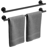 Bubxo matte black towel bar assembly view with split design for easy setup