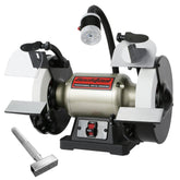 Bucktool 8in bench grinder left wheel in 80 grit for precise edge shaping and initial material removal.