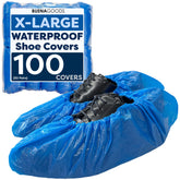 Buena Goods blue boot covers in a 100-pack for clean indoor spaces.