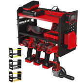 BuiltStrong power tool organizer wall mount with three-tier rack for garage storage.