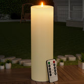 BUTHY outdoor ivory candle front view enhances a cozy patio ambiance.