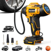 Byczone tire inflator demonstrates Dewalt 20V compatibility for cordless inflation