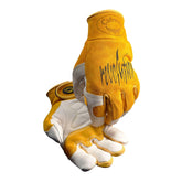 Caiman Luxury Pro Series White Tail Deerskin gloves front view showing yellow exterior and fit