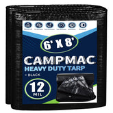 CAMPMAC black tarp close-up shows 12 mil thickness for rugged outdoor durability.