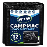 CAMPMAC black tarp 30x40 shows 12 mil thickness protecting gear from rain