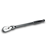 Capri Tools low-profile flex-head ratchet angle view showing compact design for tight spaces.