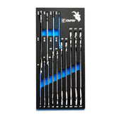 Capri Tools super-thin open end wrenches in the mechanics tray for quick access.