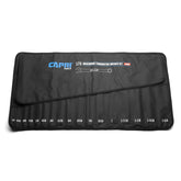 Capri Tools wrench roll-up pouch open with 17 pockets for quick wrench access.