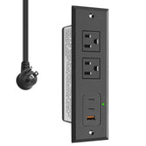 CCCEI recessed power strip front view with hidden cords and accessible outlets.