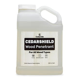 Cedarcide Cedarshield bottle poured onto wood for moisture protection.