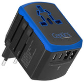 Ceptics universal travel adapter front view, compact all-in-one design for travel