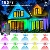 CETELUMA 150FT RGB lights on house eaves create vibrant outdoor ambience.