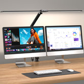CHARYJOD LED desk lamp with dual-arm clamp for expansive desk coverage.