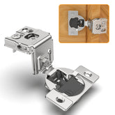 Chibery overlay hinge demonstrates 1-1-2 inch soft-close action for quiet kitchen cabinets.