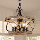 Chords Attic 20-inch wood drum chandelier over dining table adds warm farmhouse ambience.