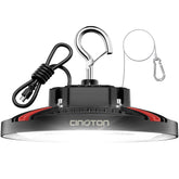 Cinoton 100W UFO high bay light, front view, delivers 15000 lumens for warehouses.
