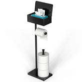 Cisily black toilet paper holder stand with storage shelf keeps bathroom tidy.