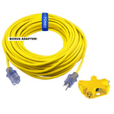 Clear Power 100 ft extension cord provides extended reach for outdoor job sites.