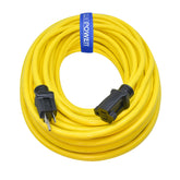 Clear Power 100ft extension cord in yellow, outdoors-ready for visibility and safety.