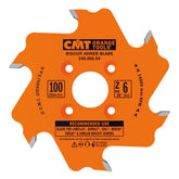 CMT orange-tools biscuit joiner blade close-up showing six carbide teeth for durability