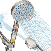 Cobbe filtered handheld showerhead in brushed nickel reduces chlorine while maintaining strong pressure