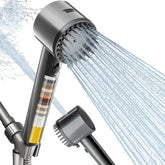 Cobbe Ion Drops filtered shower head close-up shows filtration chamber for cleaner water.