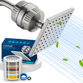 Cobbe rain shower head closeup in brushed nickel for spa-like showers.