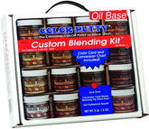 Color Putty oil-based blending kit with sixteen jars for seamless nail hole filling in wood.