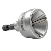 CONQUER HSS deburring tool with quick-release hex shank for clean external chamfers.